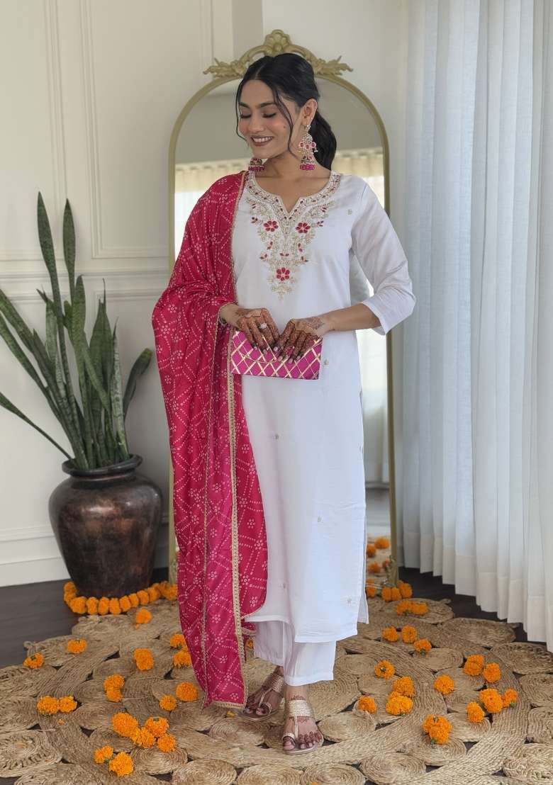 White Embroidered Viscose Kurta Set - Indya