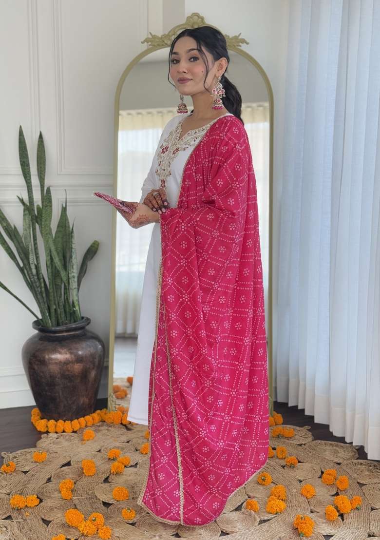 White Embroidered Viscose Kurta Set - Indya