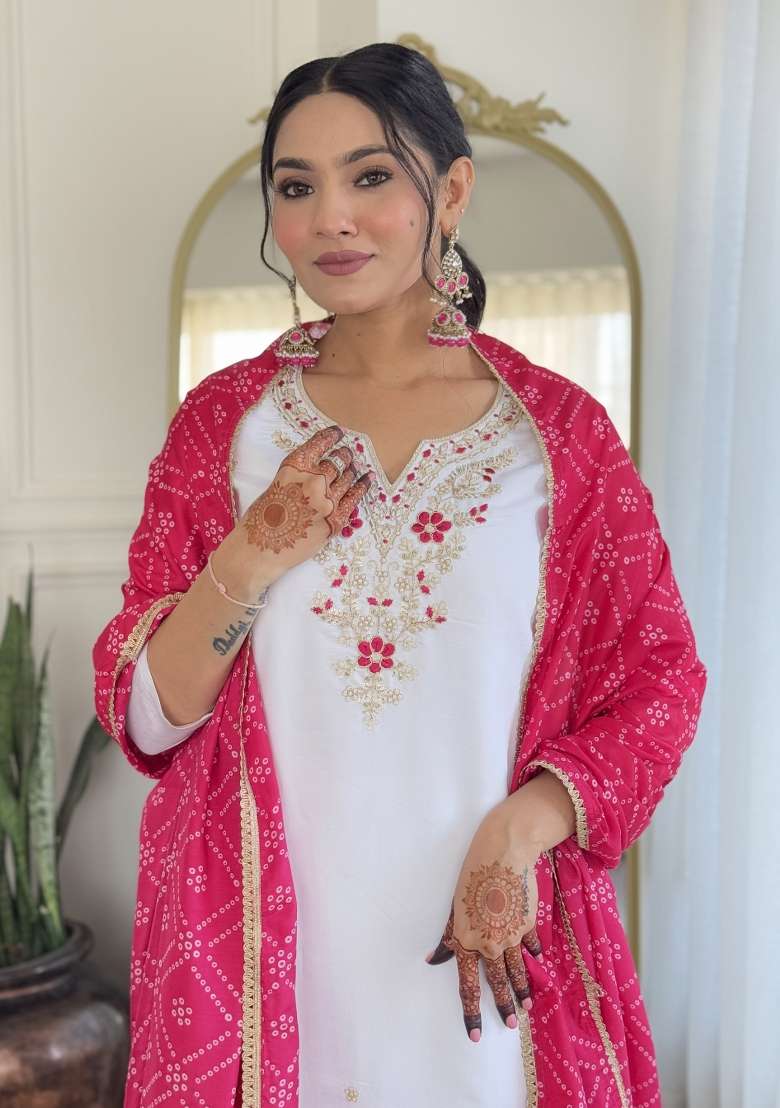 White Embroidered Viscose Kurta Set - Indya