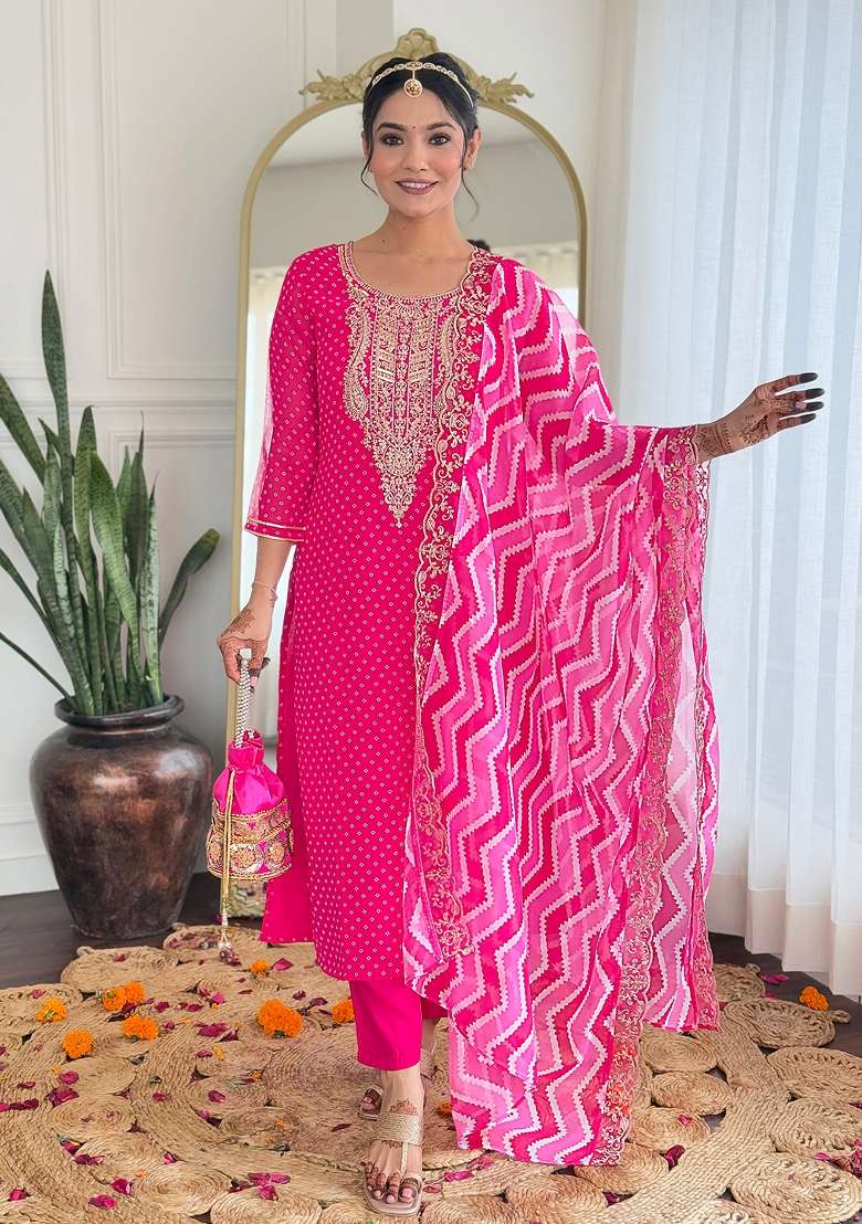 Pink Embroidered Viscose Kurta Set - Indya