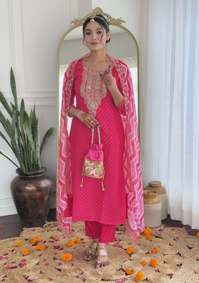 Pink Embroidered Viscose Kurta Set - Indya