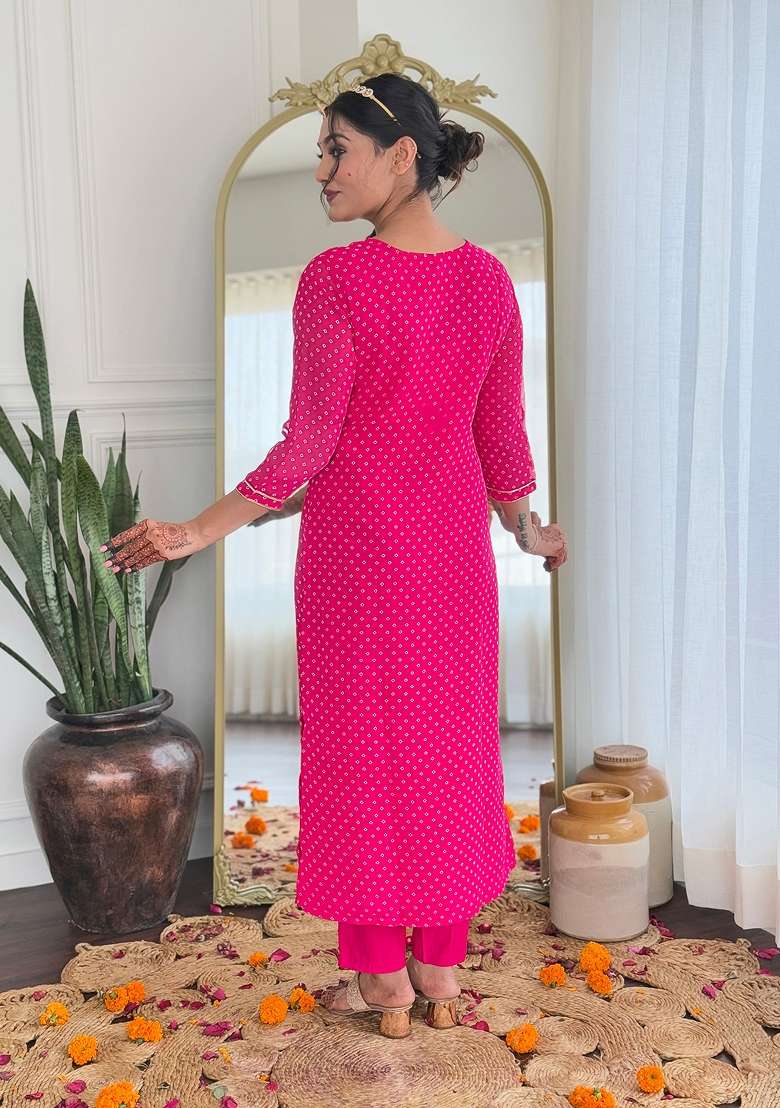 Pink Embroidered Viscose Kurta Set - Indya