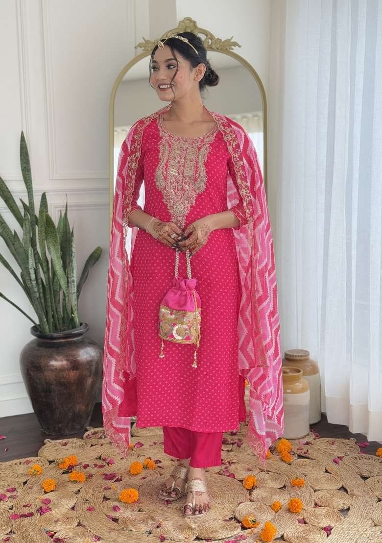 Pink Embroidered Viscose Kurta Set - Indya