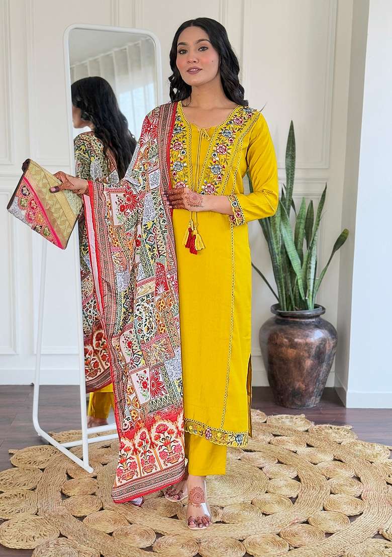 Mustard Embroidered Viscose Kurta Set - Indya