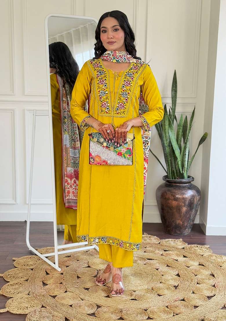 Mustard Embroidered Viscose Kurta Set - Indya