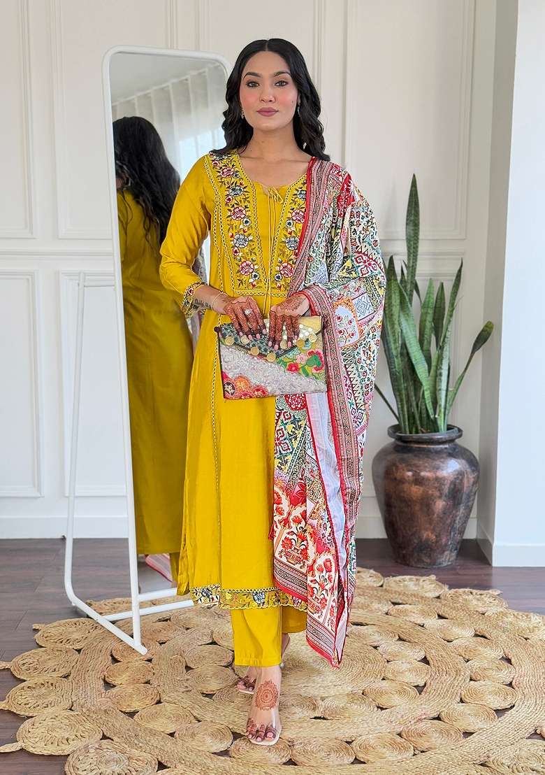 Mustard Embroidered Viscose Kurta Set - Indya