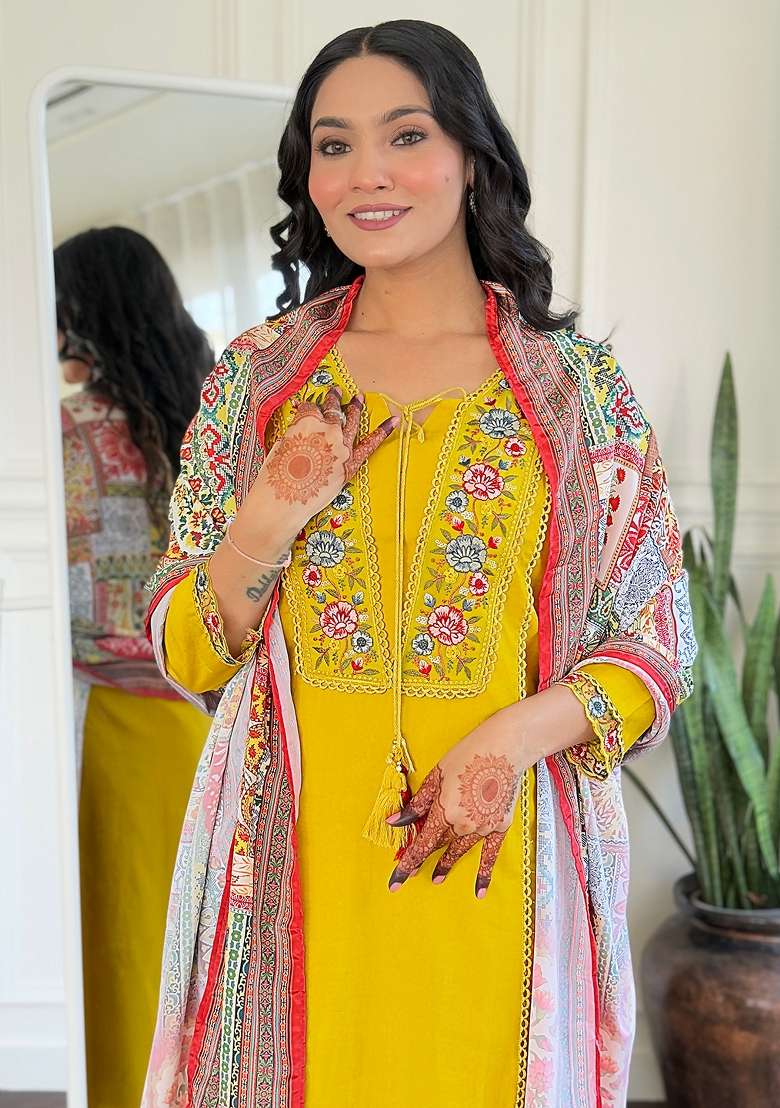 Mustard Embroidered Viscose Kurta Set - Indya