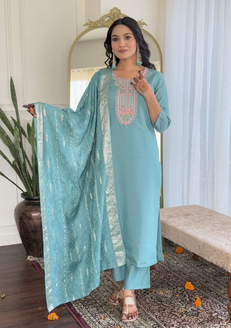 Turquoise Embroidered Chanderi Kurta Set - Indya