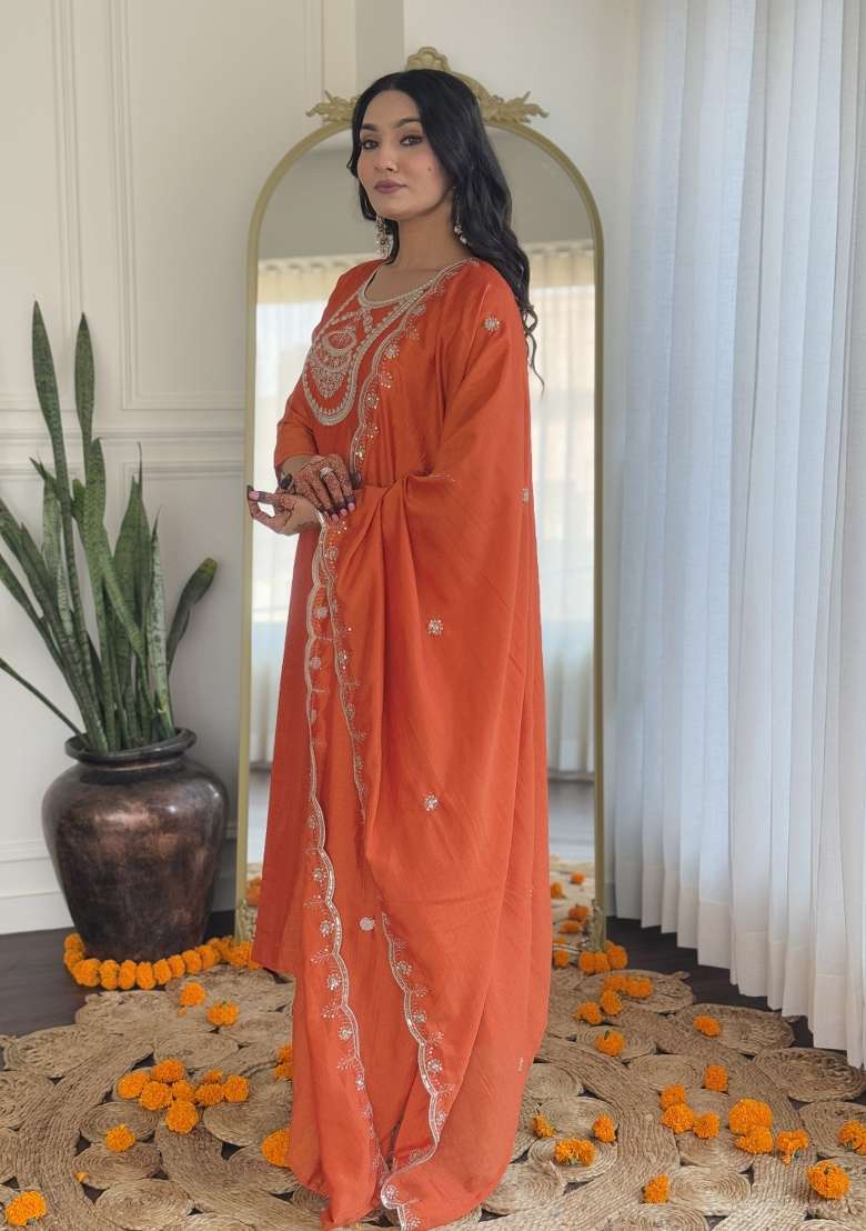 Orange Embroidered Silk Kurta Set - Indya