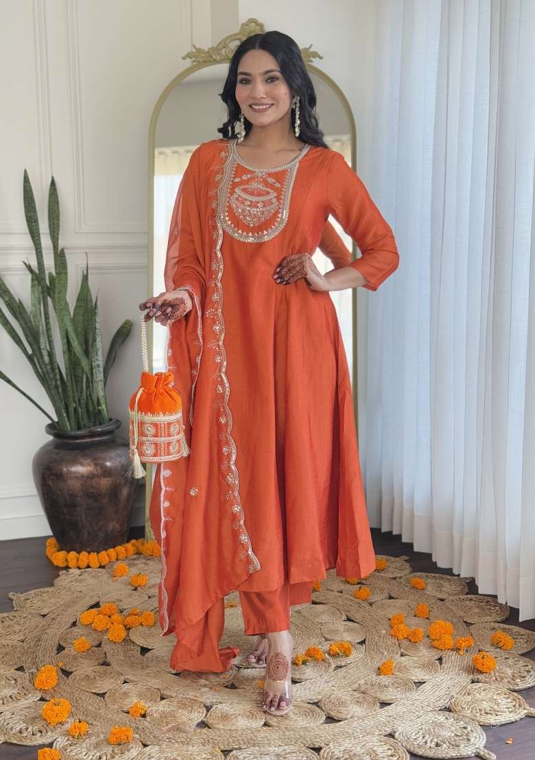 Orange Embroidered Silk Kurta Set - Indya