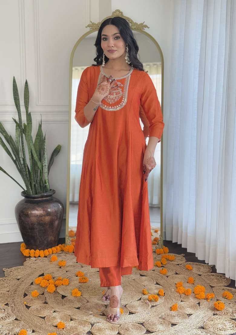 Orange Embroidered Silk Kurta Set - Indya