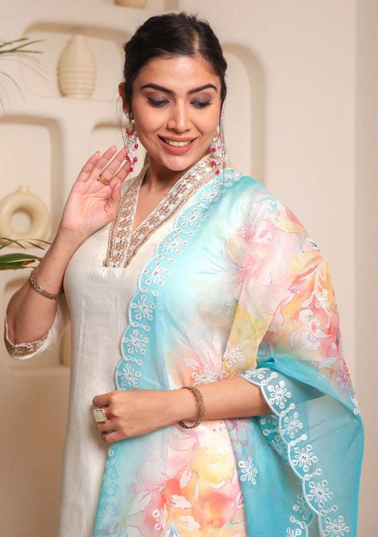 White Embroidered Chanderi Kurta Set - Indya