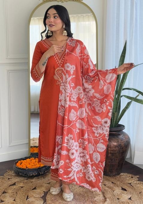 Orange Embroidered Viscose Kurta Set