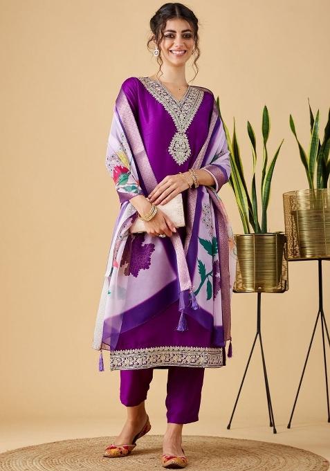 Wine Sequins Chinon Kurta Set