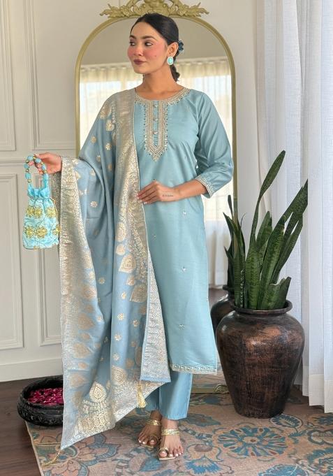 Grey Sequins Chinon Kurta Set