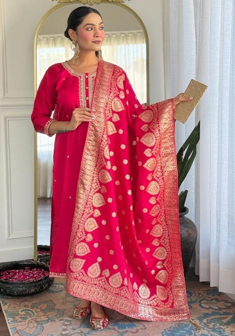 Pink Sequins Chinon Kurta Set