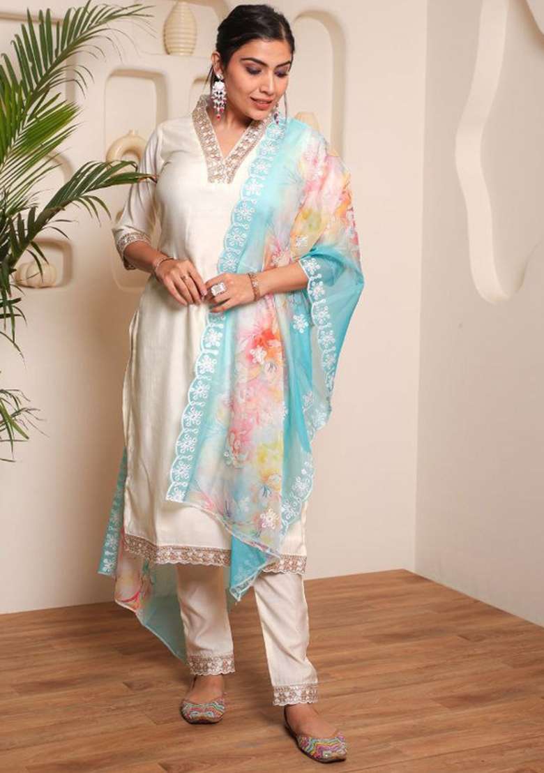 White Sequins Chinon Kurta Set - Indya