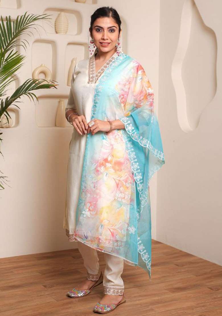 White Sequins Chinon Kurta Set - Indya