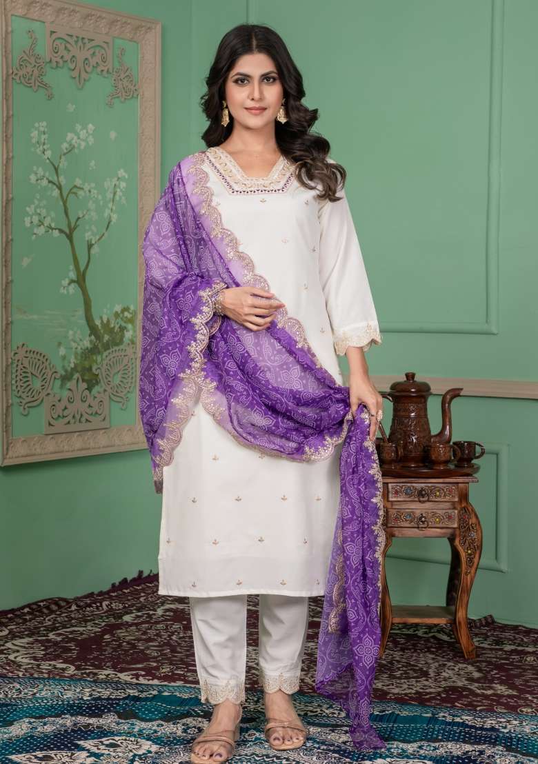 White Sequins Chinon Kurta Set - Indya