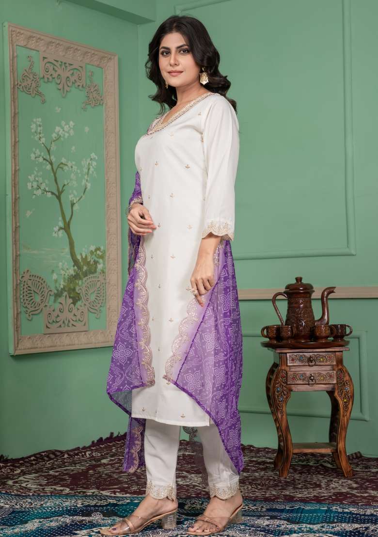 White Sequins Chinon Kurta Set - Indya