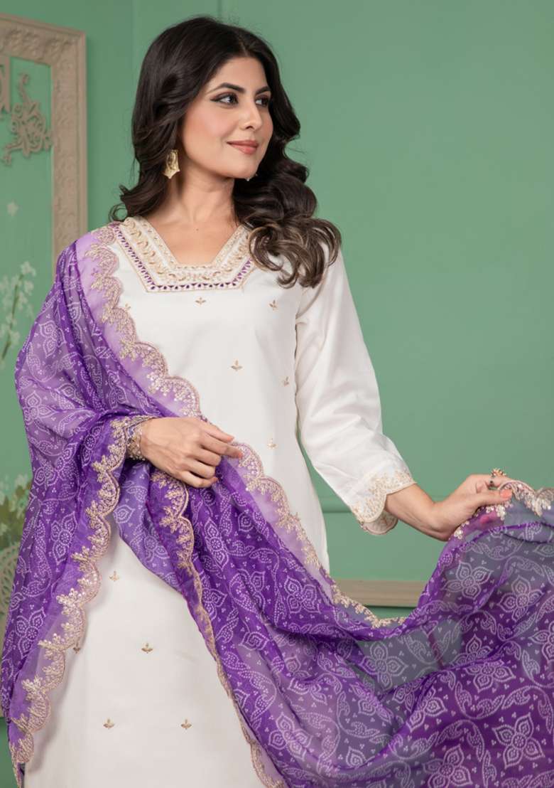 White Sequins Chinon Kurta Set - Indya