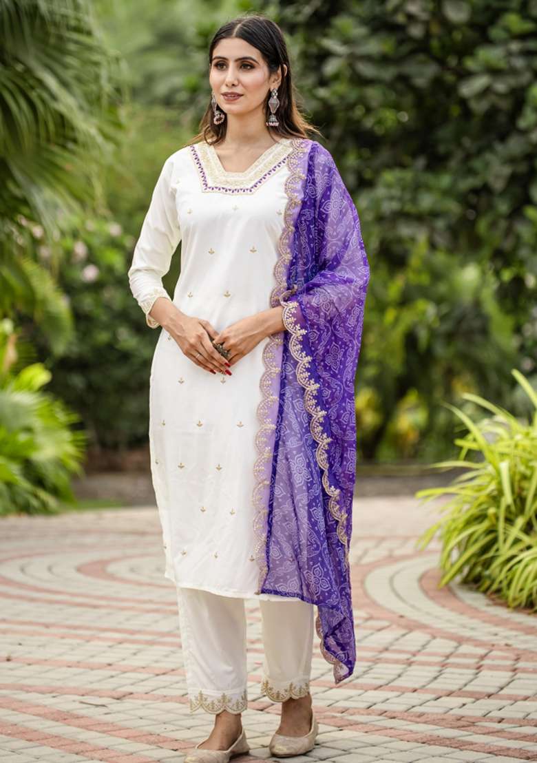 White Sequins Chinon Kurta Set - Indya