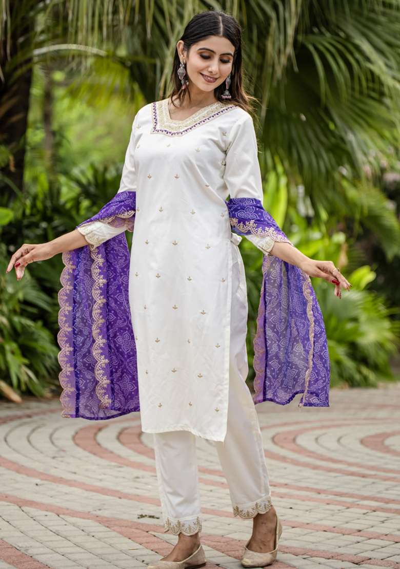 White Sequins Chinon Kurta Set - Indya