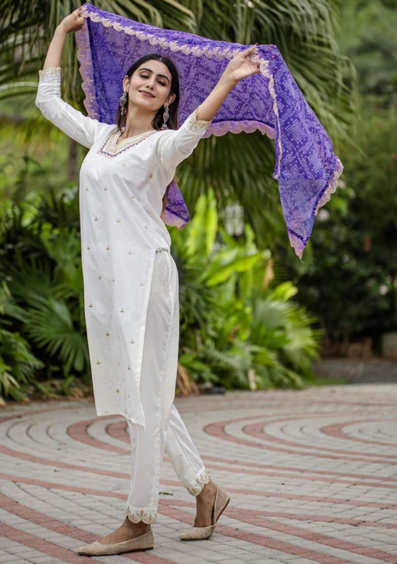 White Sequins Chinon Kurta Set - Indya