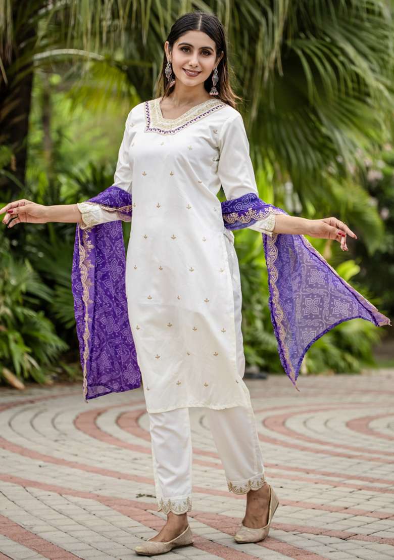 White Sequins Chinon Kurta Set - Indya