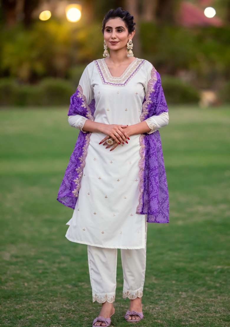White Sequins Chinon Kurta Set - Indya