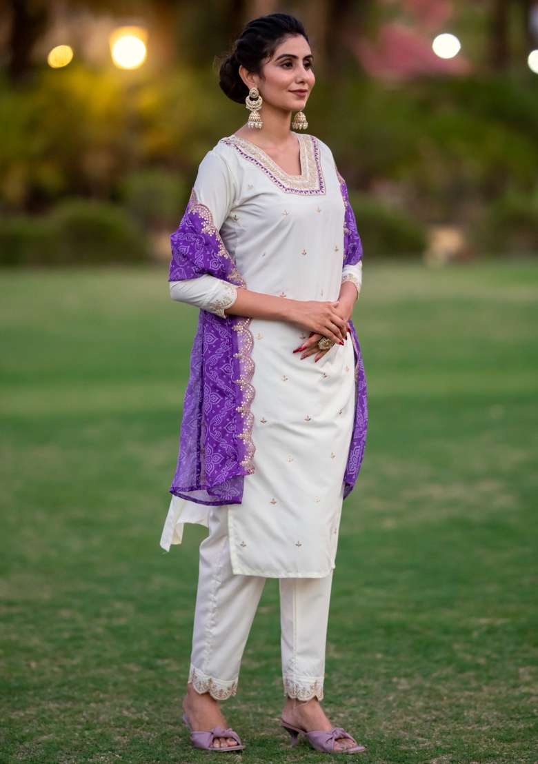 White Sequins Chinon Kurta Set - Indya