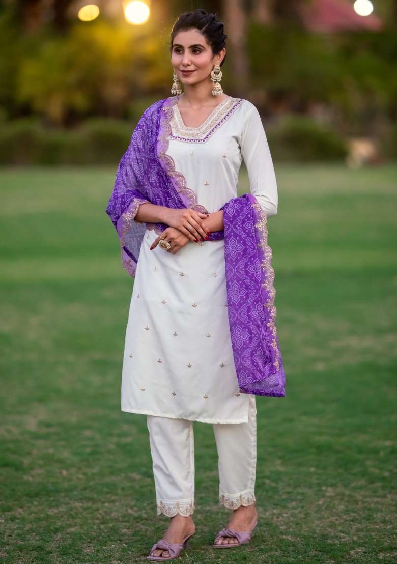 White Sequins Chinon Kurta Set - Indya