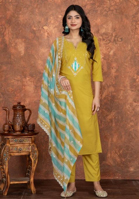 Yellow Sequins Chinon Kurta Set