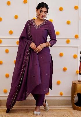 Wine Sequins Chinon Kurta Set