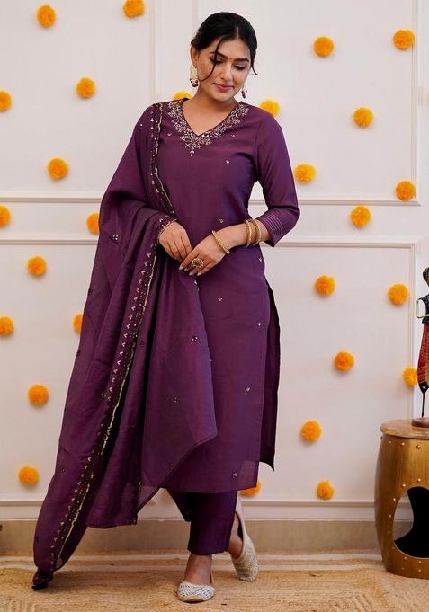Wine Sequins Chinon Kurta Set