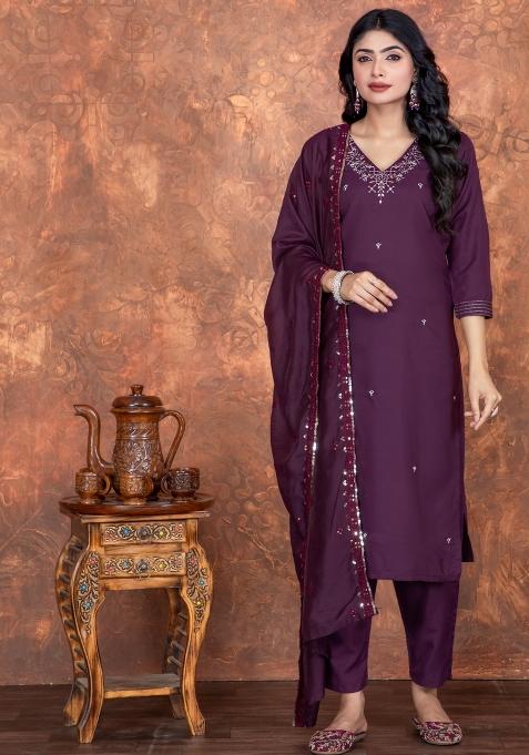 Wine Sequins Chinon Kurta Set