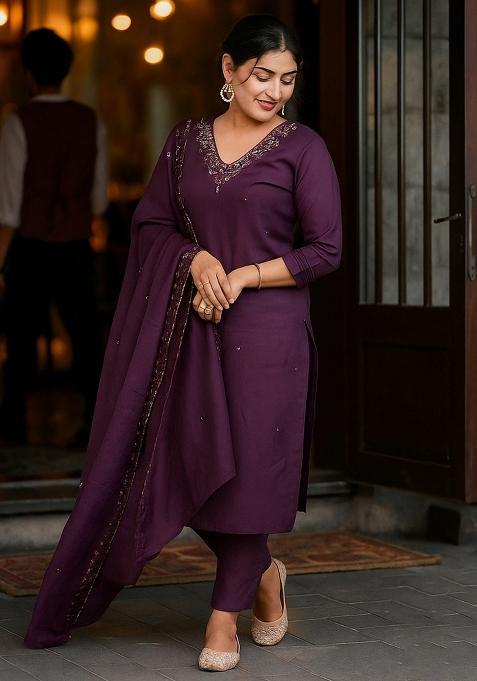 Wine Sequins Chinon Kurta Set