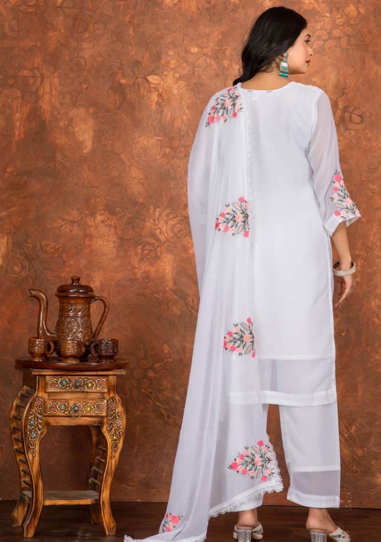 White Sequins Chinon Kurta Set - Indya