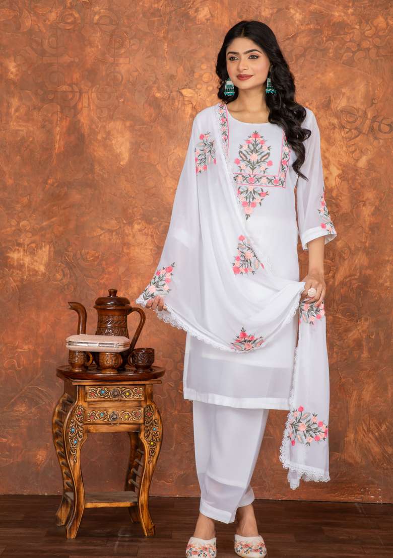 White Sequins Chinon Kurta Set - Indya