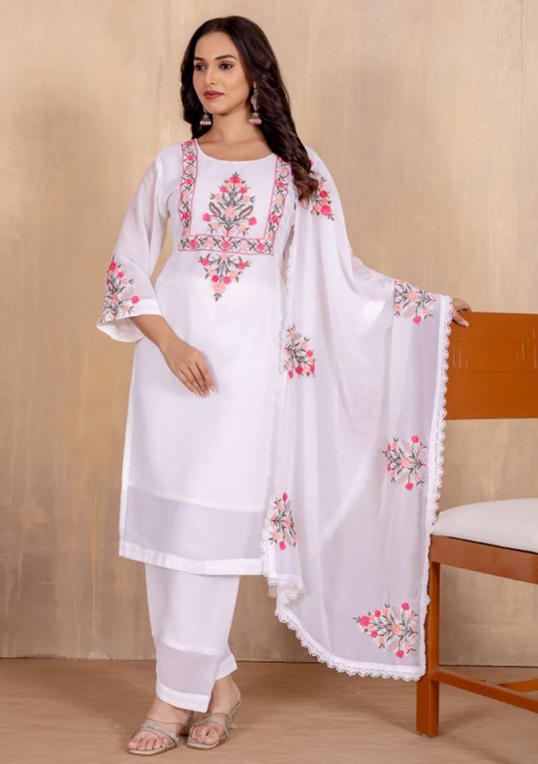 White Sequins Chinon Kurta Set - Indya