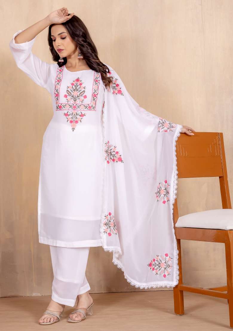 White Sequins Chinon Kurta Set - Indya