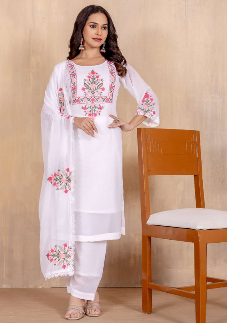 White Sequins Chinon Kurta Set - Indya