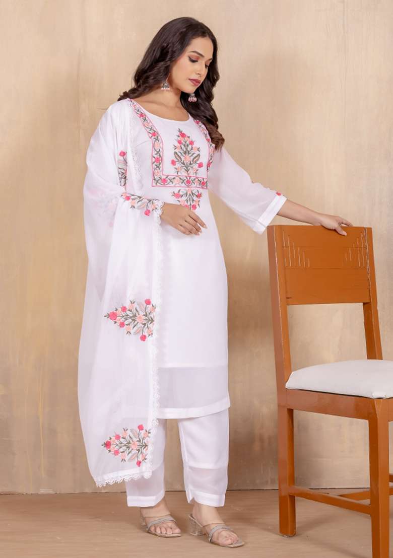 White Sequins Chinon Kurta Set - Indya