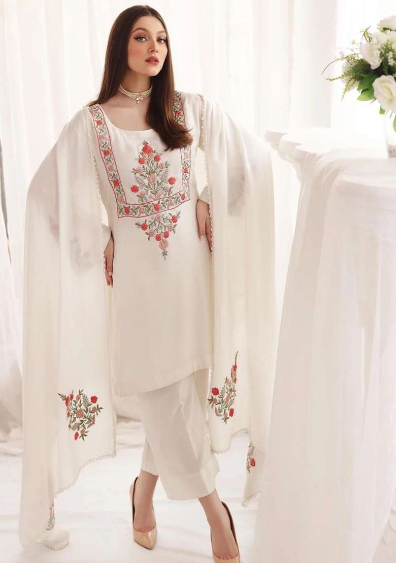 White Sequins Chinon Kurta Set - Indya