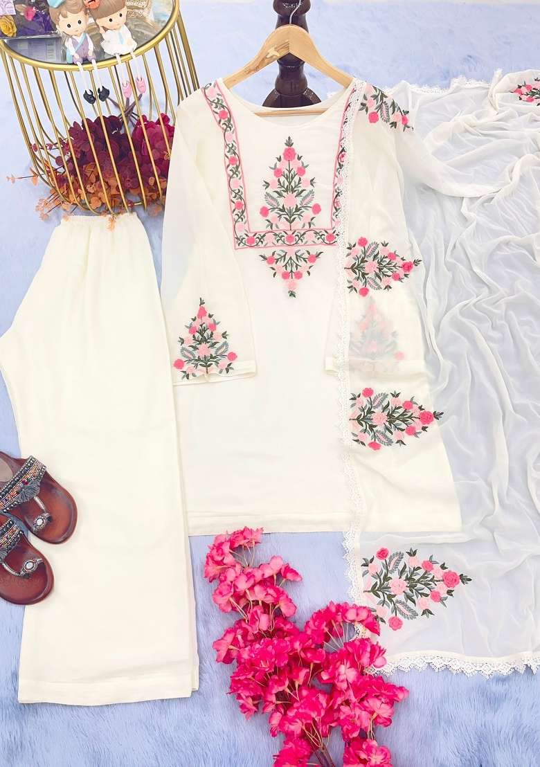 White Sequins Chinon Kurta Set - Indya
