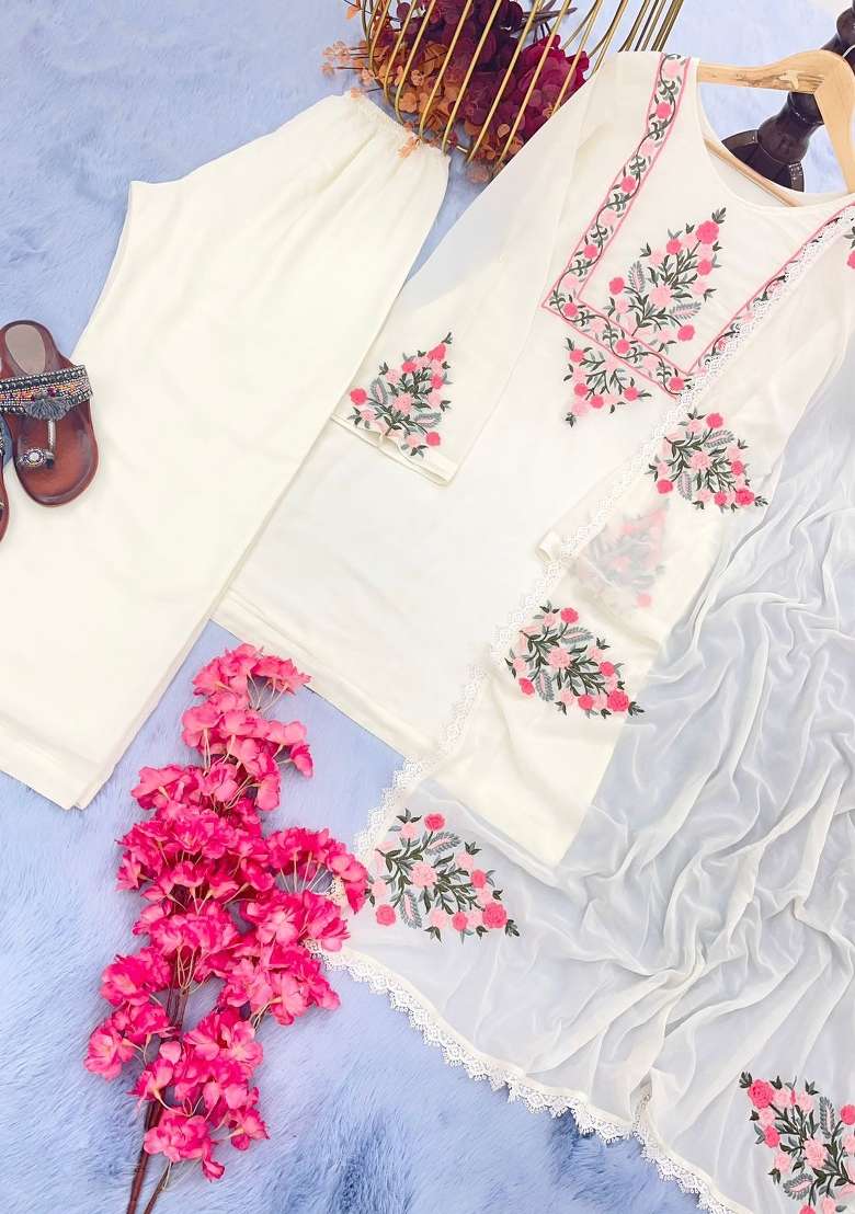 White Sequins Chinon Kurta Set - Indya