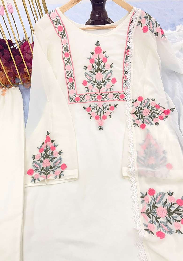 White Sequins Chinon Kurta Set - Indya