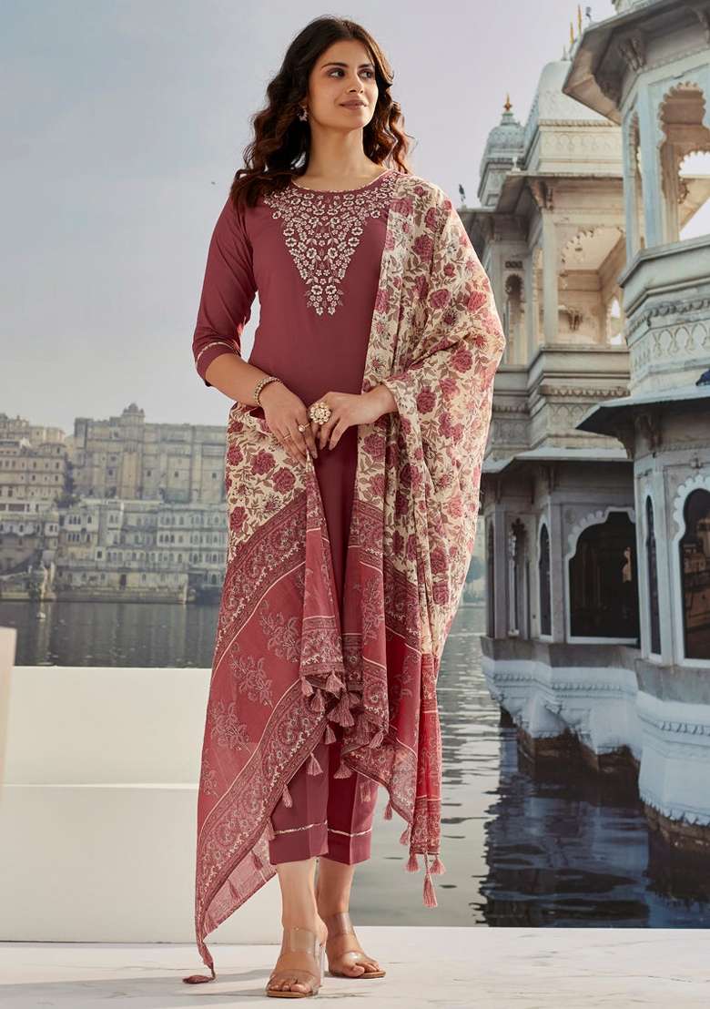 Brown Sequins Chinon Kurta Set - Indya