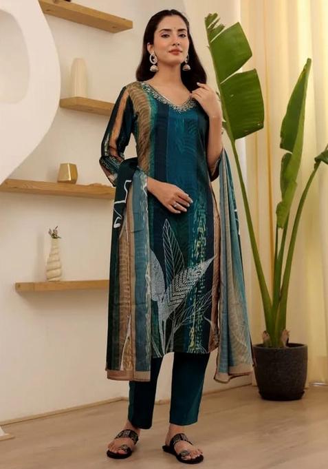 Teal Sequins Chinon Kurta Set