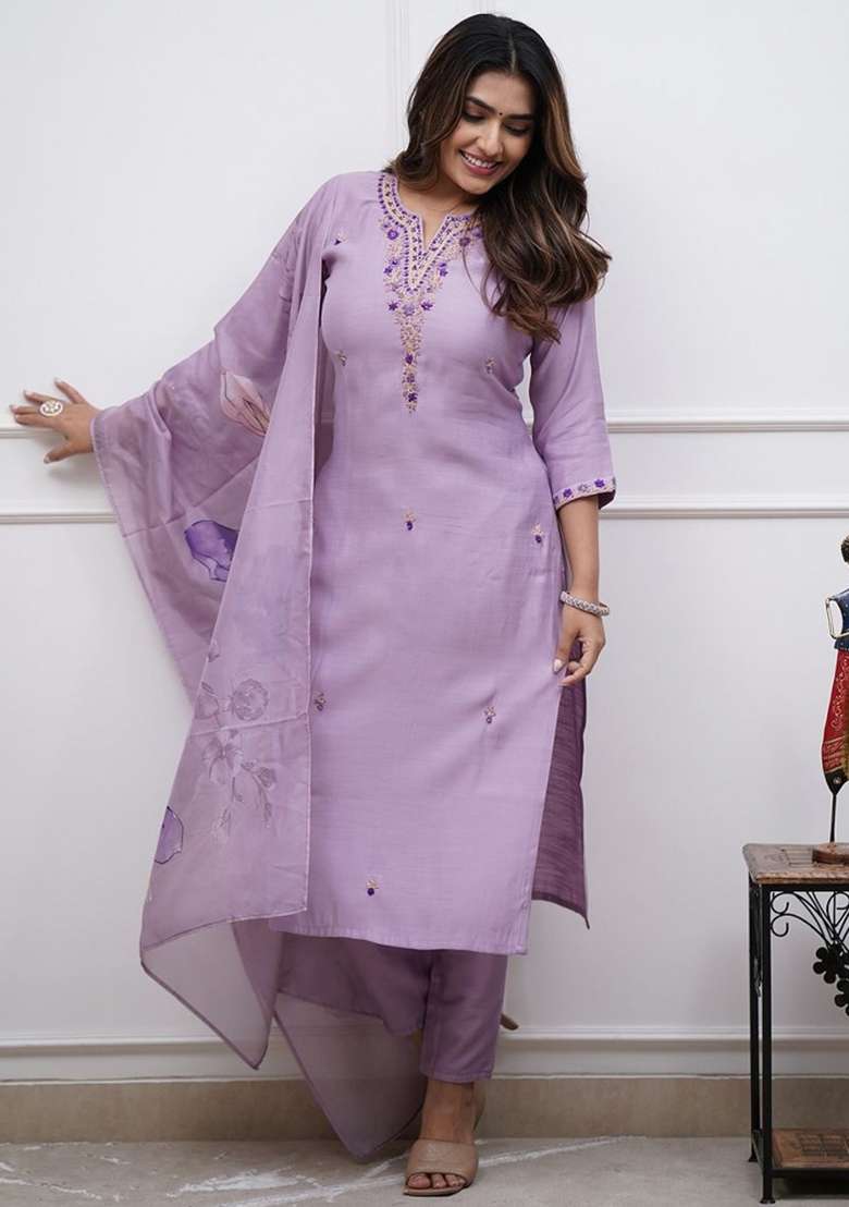 Lavender Sequins Chinon Kurta Set - Indya
